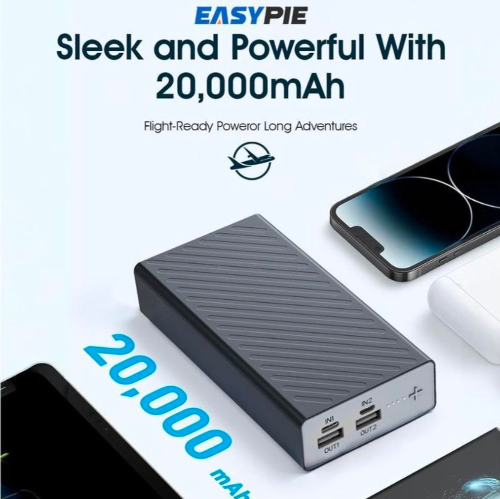 Easypie 2000mAh ultra slim power bank 18w fast charging & dual USB ports portable charger for mobile phone black