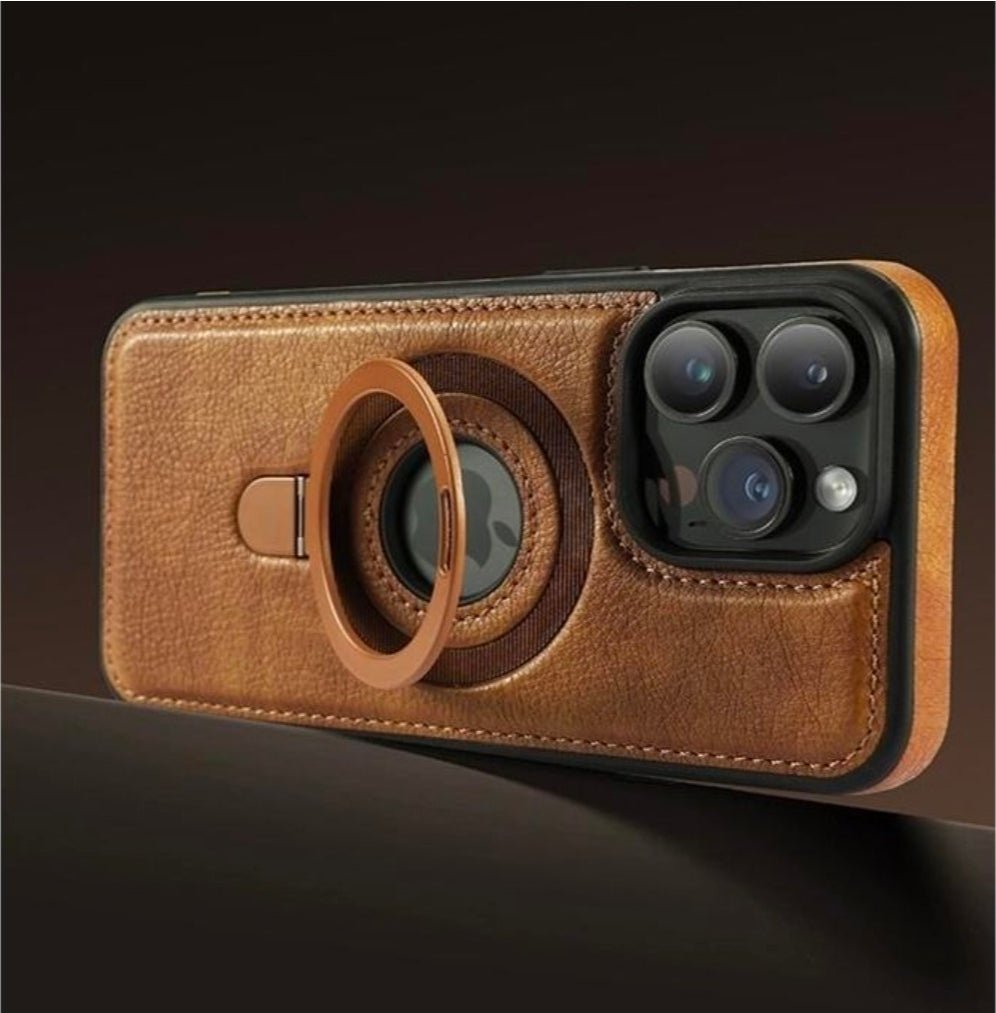 iPhone 13 Pro Generic brown leather phone case with stand ring