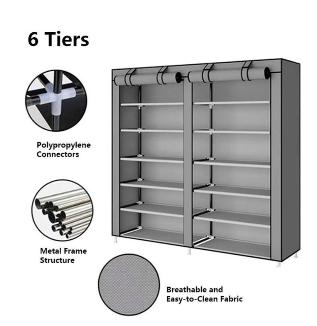 CYFAZA Shoe rack organiser space for 36 pairs 6 tiers double column dust proof & stainless steel grey