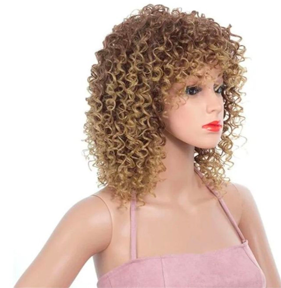 Curly brown blonde ombre wigs synthetic hair wigs with bangs for women