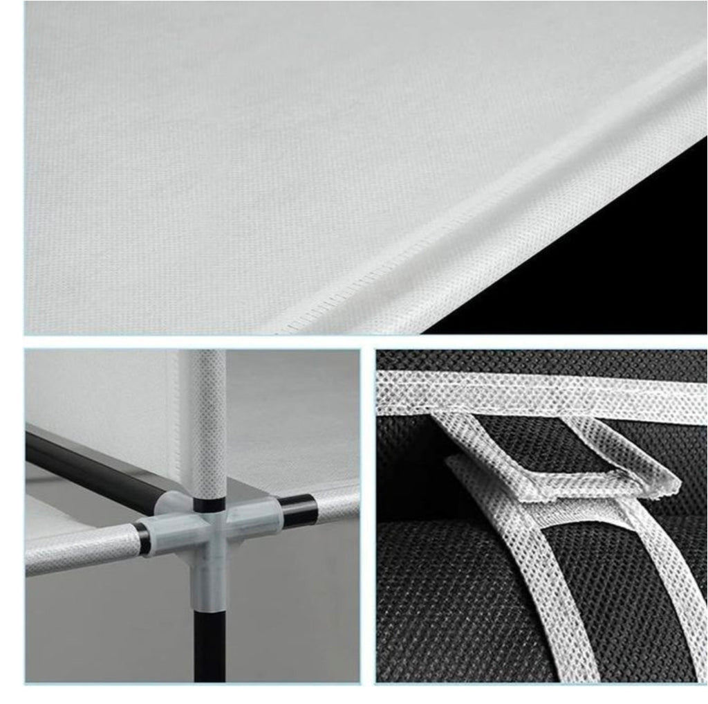 CYFAZA portable wardrobe with a dustproof fabric cover and 4-column hanging sections.