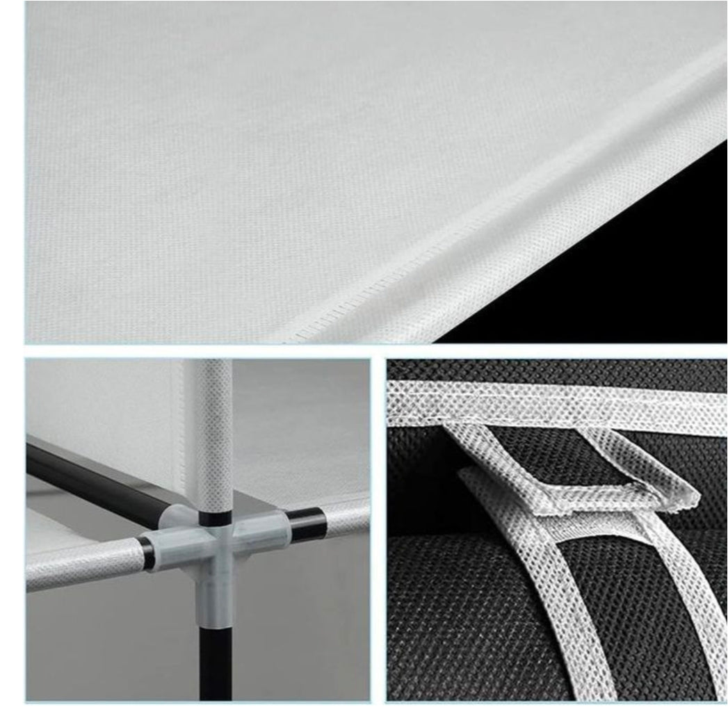 CYFAZA portable wardrobe with a dustproof fabric cover and 4-column hanging sections.