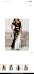 Rubbish women elegant color blocked butterfly print off shoulder slit dress black/ white