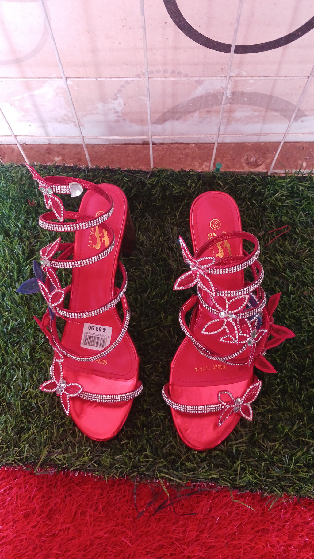 red, rhinestone-embellished butterfly strappy high heel sandals