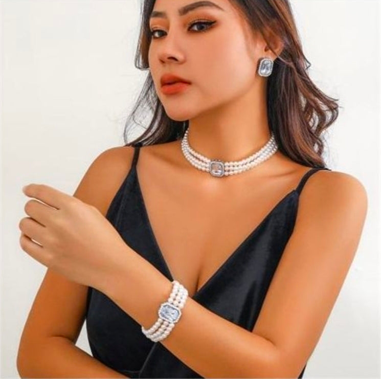 3pics/set multilayer imitation pearl chian necklace bracelet from women