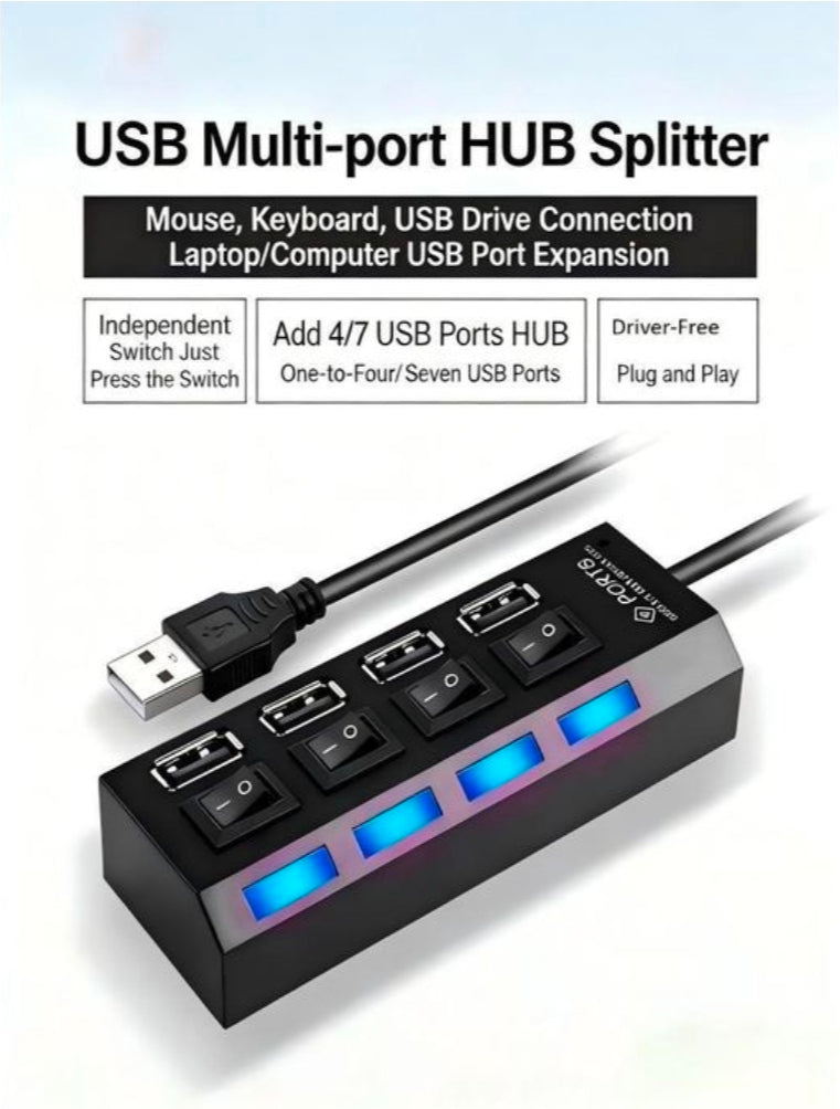 USB 2.0 Four portable USB splitter with multi port extended and independent switch-black