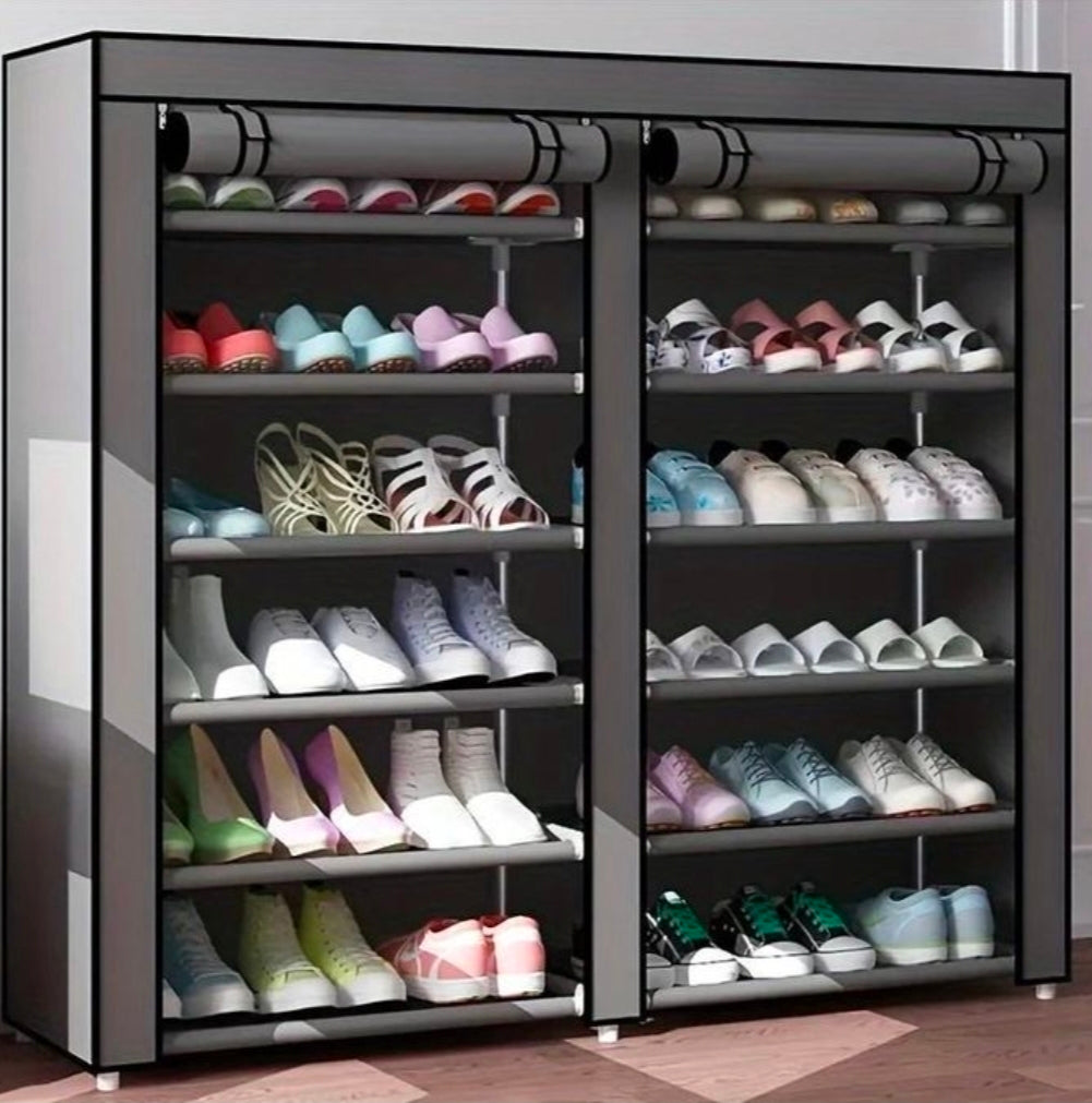 CYFAZA Shoe rack organiser space for 36 pairs 6 tiers double column dust proof & stainless steel grey