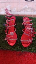 red, rhinestone-embellished butterfly strappy high heel sandals