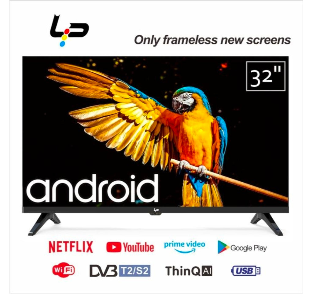 LP Smart TV 32 Inch,android 14.0 system,1+8G frameless design 1366x768 HD WiFi 2 HDMI 2 USB Ports plus one year warranty -black