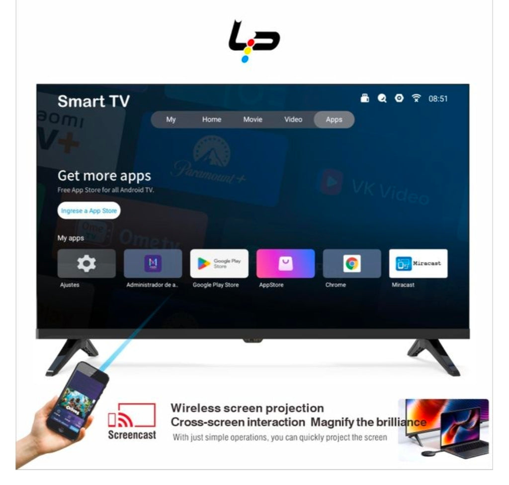 LP Smart TV 32 Inch,android 14.0 system,1+8G frameless design 1366x768 HD WiFi 2 HDMI 2 USB Ports plus one year warranty -black