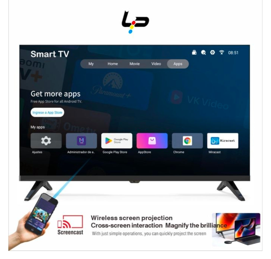 LP Smart TV 32 Inch,android 14.0 system,1+8G frameless design 1366x768 HD WiFi 2 HDMI 2 USB Ports plus one year warranty -black