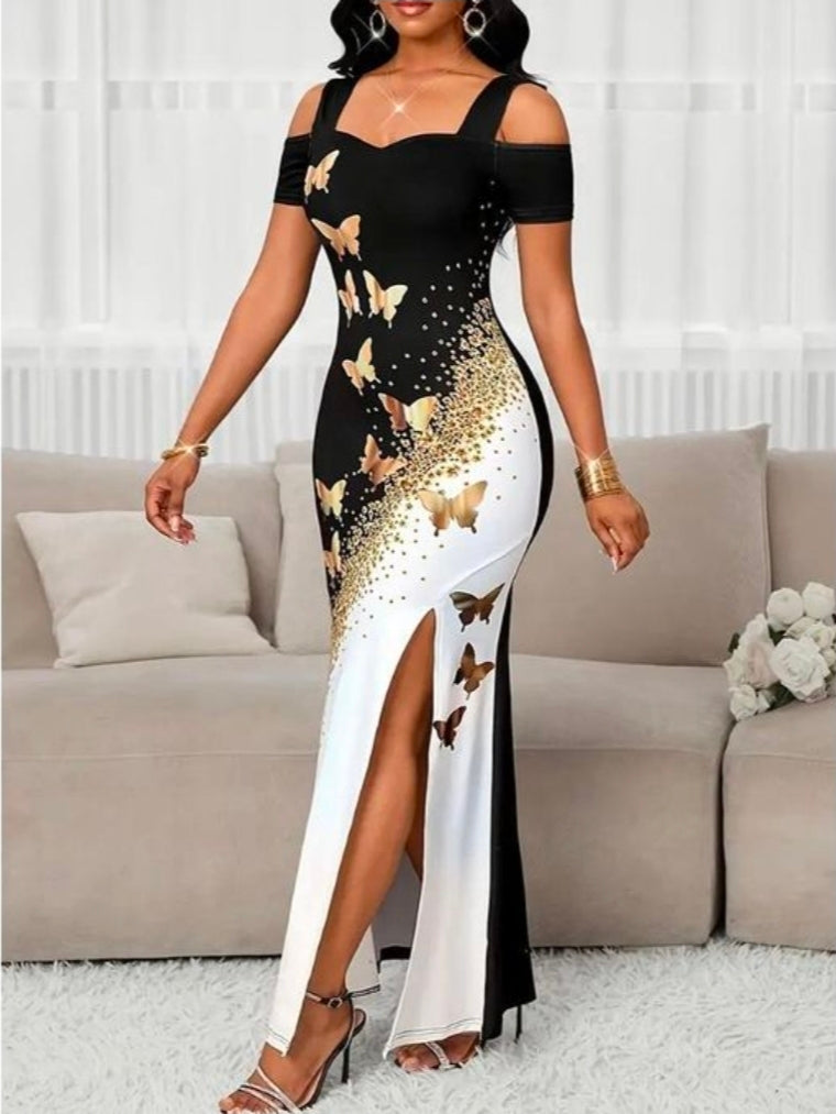 Rubbish women elegant color blocked butterfly print off shoulder slit dress black/ white