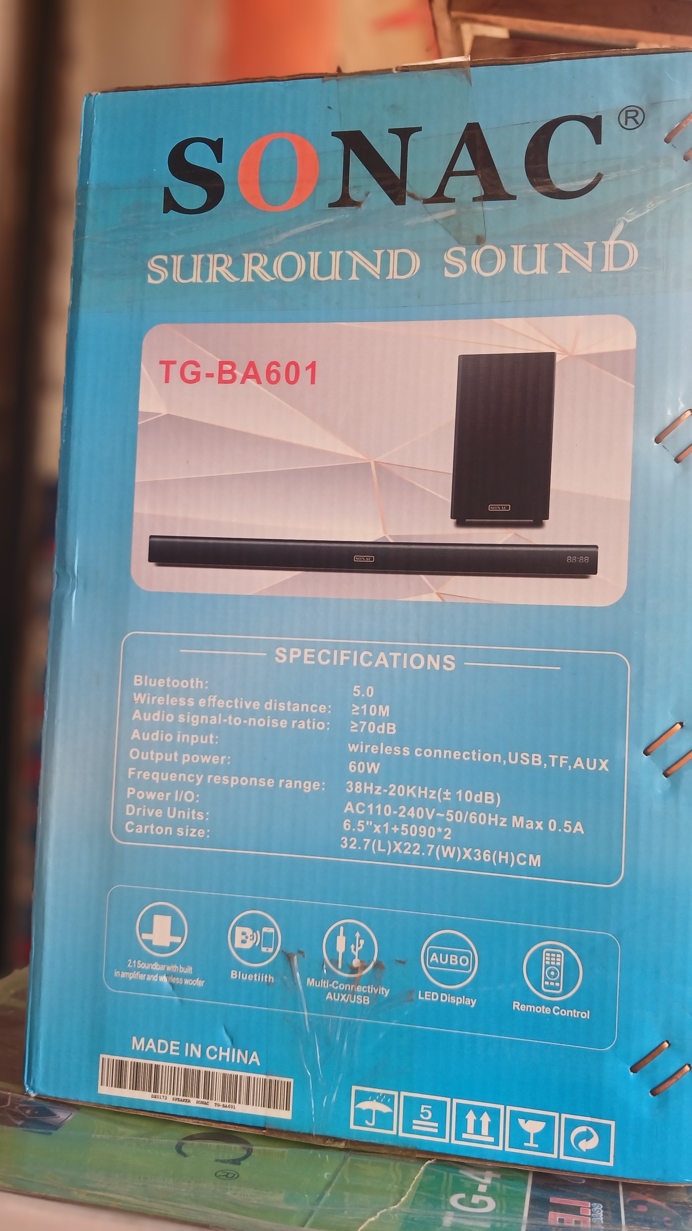 Sonac TG-BA601 2.1 channel soundbar system with a built-in subwoofer, designed to enhance TV audio-black