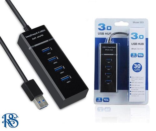 4-port USB 3.0 mini hub, typically used to expand the number of USB ports available on a computer or laptop. BLACK