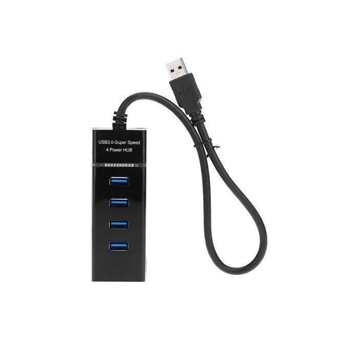 4-port USB 3.0 mini hub, typically used to expand the number of USB ports available on a computer or laptop. BLACK