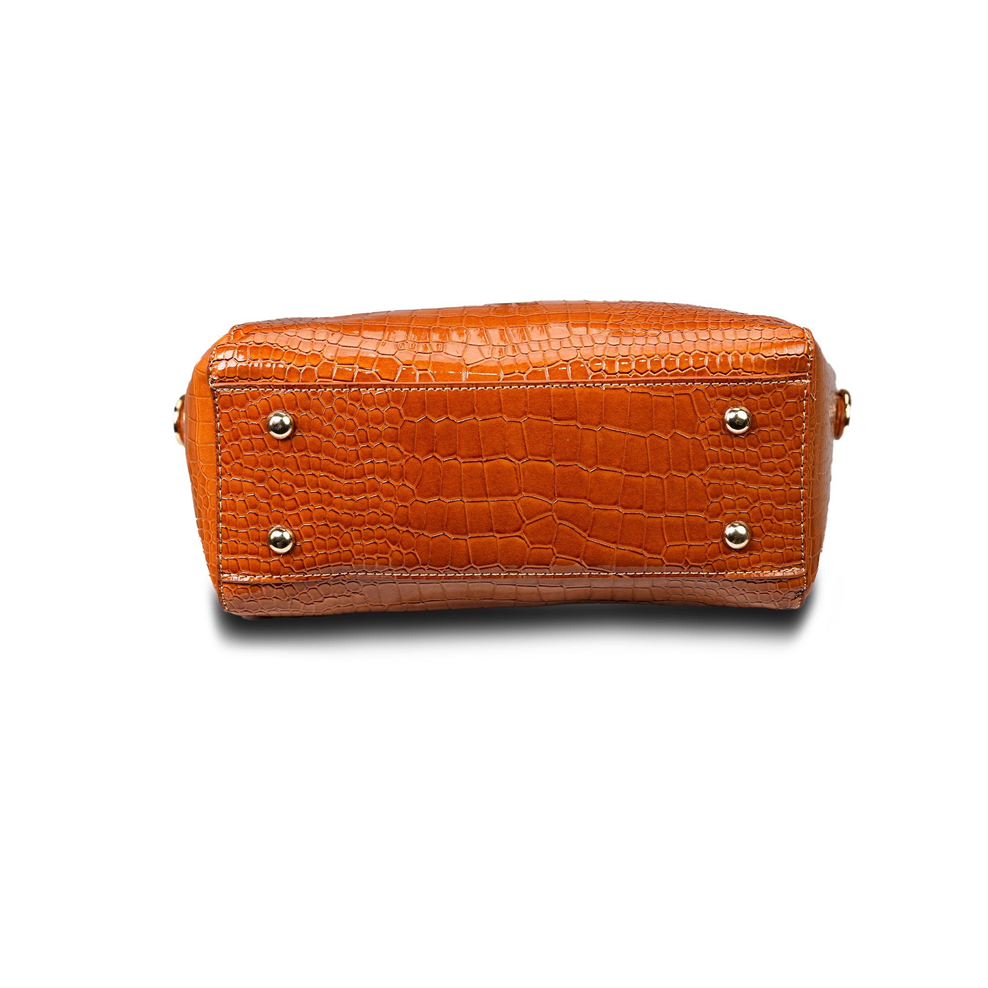orange crocodile embossed duffle bag.