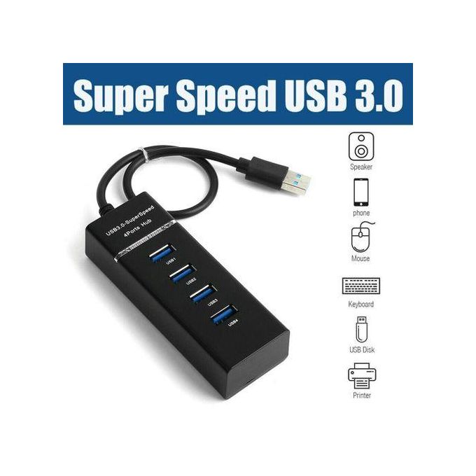 4-port USB 3.0 mini hub, typically used to expand the number of USB ports available on a computer or laptop. BLACK