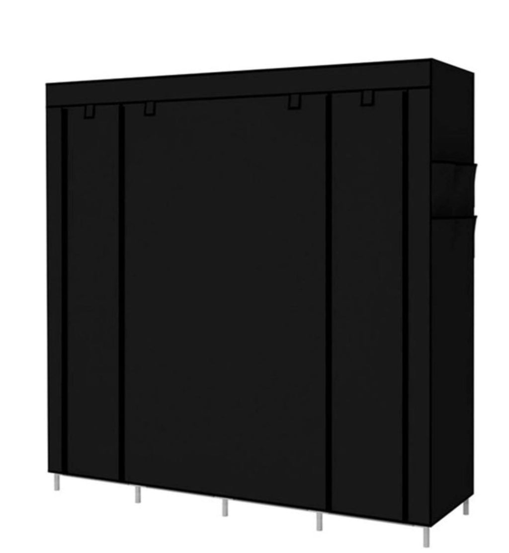 CYFAZA portable wardrobe with a dustproof fabric cover and 4-column hanging sections.