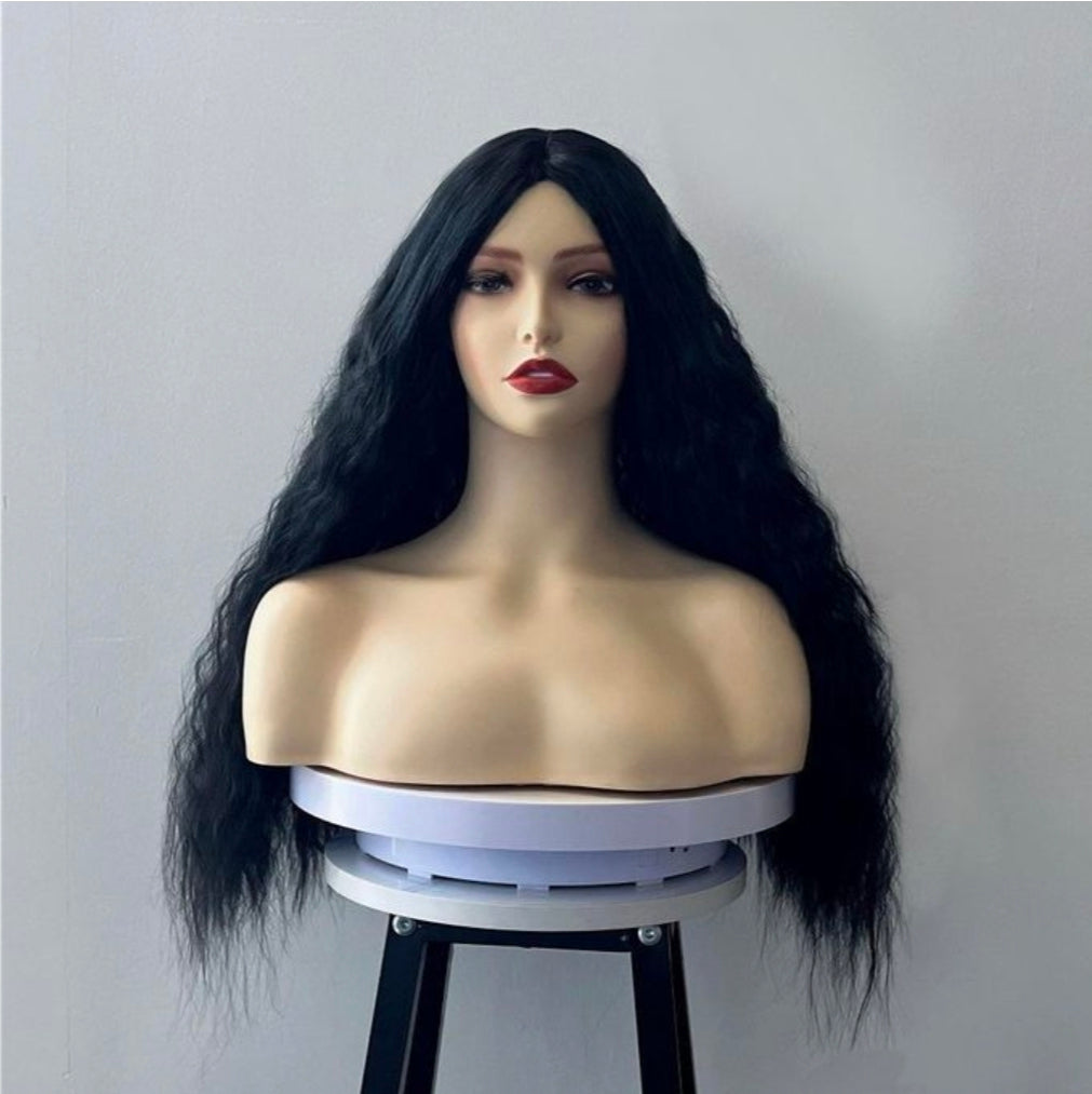 Corn blanching long curly hair wig headgear for women-black