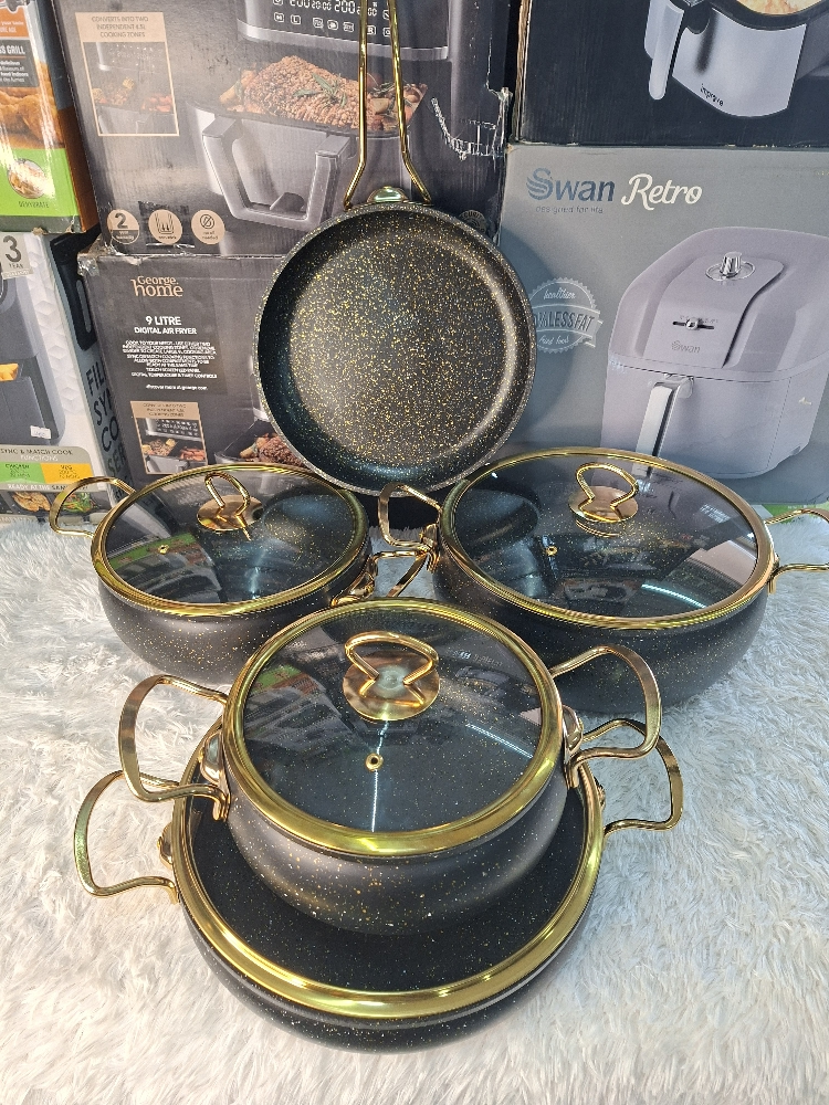 5 pieces granite-coated non-stick cookware featuring a distinctive black finish with gold accents and glass lids.