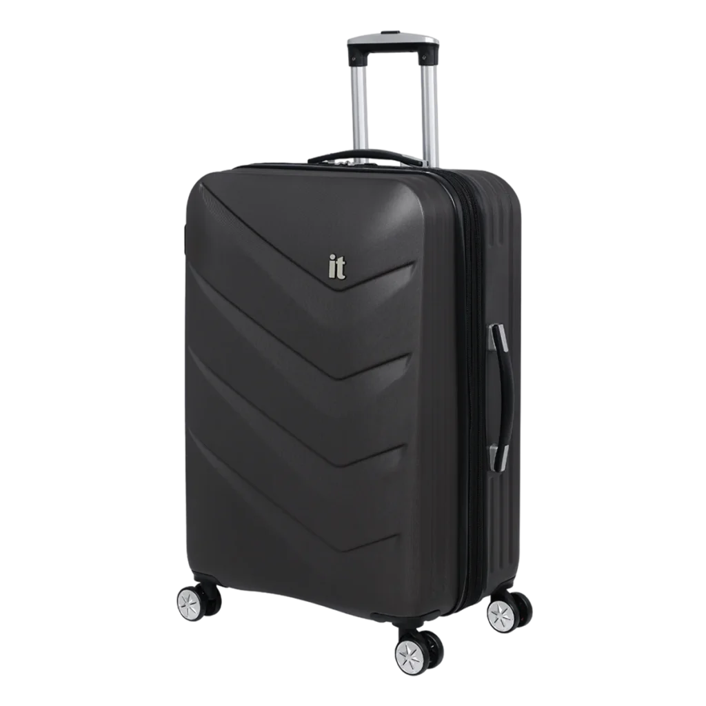 a black IT Luggage Chevron hard-shell suitcase featuring a textured finish and multi-directional wheels.