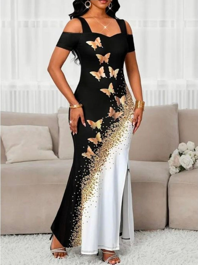 Rubbish women elegant color blocked butterfly print off shoulder slit dress black/ white
