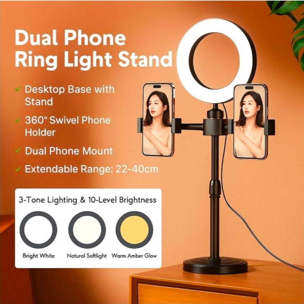 Addigoes desktop stand with 16cm ring light,3 light modes and 360 degree rotation,Adjustable height with tabletop with 2 clips for live streaming videos and selfie