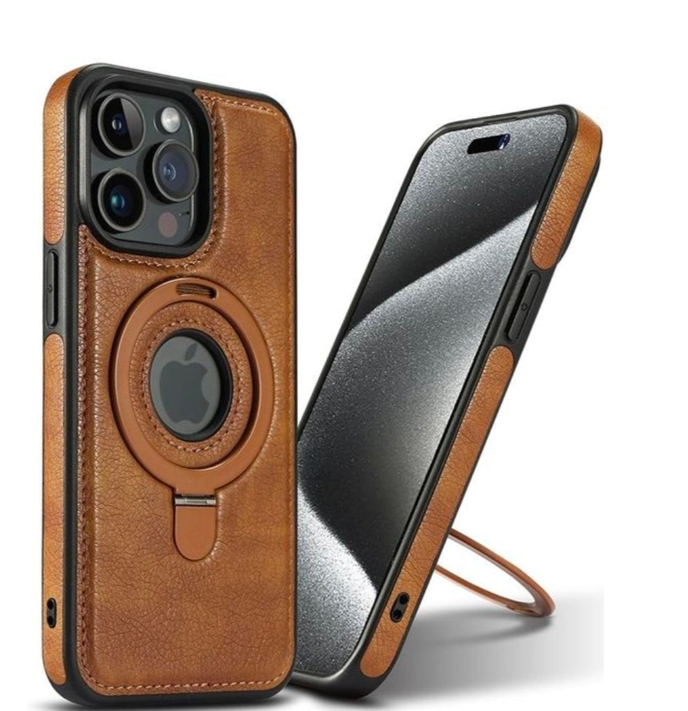 iPhone 13 Pro Generic brown leather phone case with stand ring