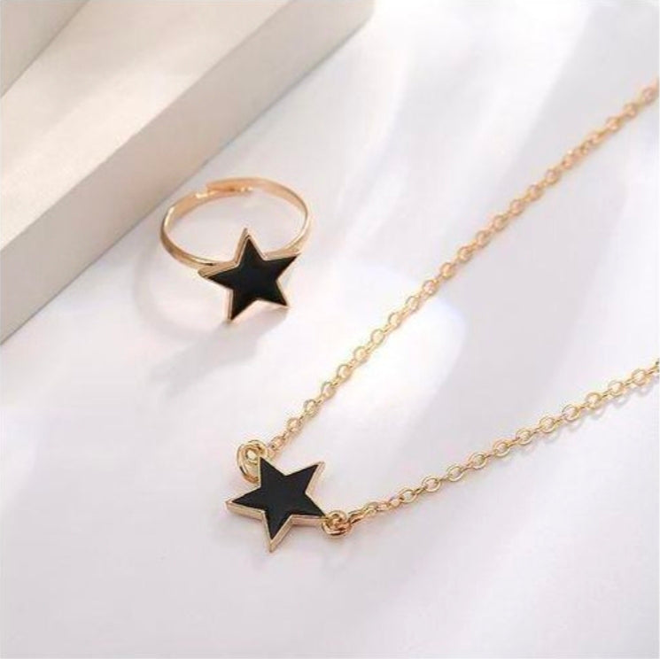 SXCHEN 4 Piece Women's Jewelry Set, which includes a necklace, bracelet, earrings, and a ring in a black and gold star design.