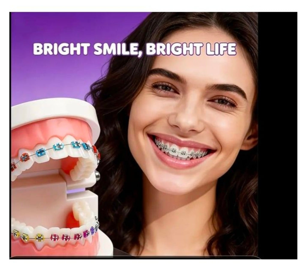 artificial teeth with fixed metal braces.