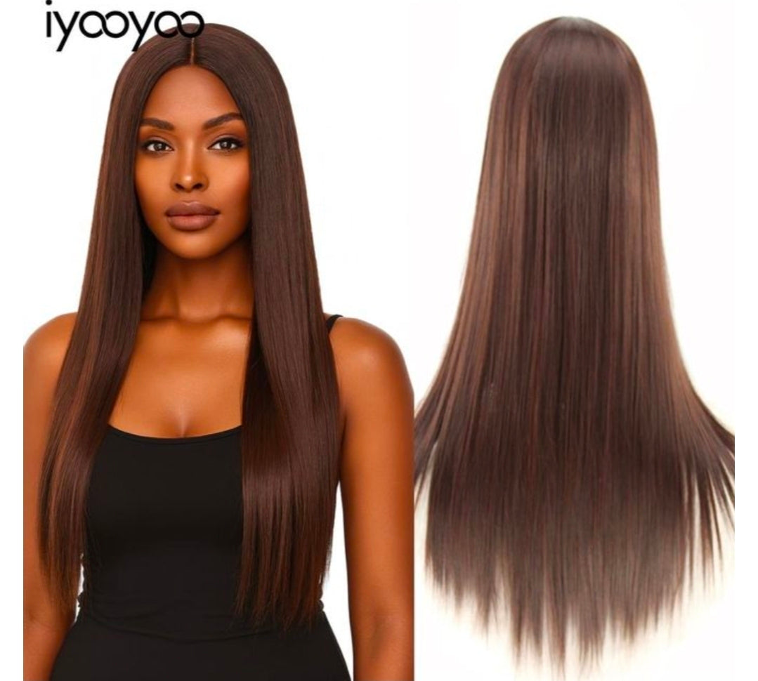 Iyooyoo women fashion wig long straight hair dark and brown easy to wear gift for her