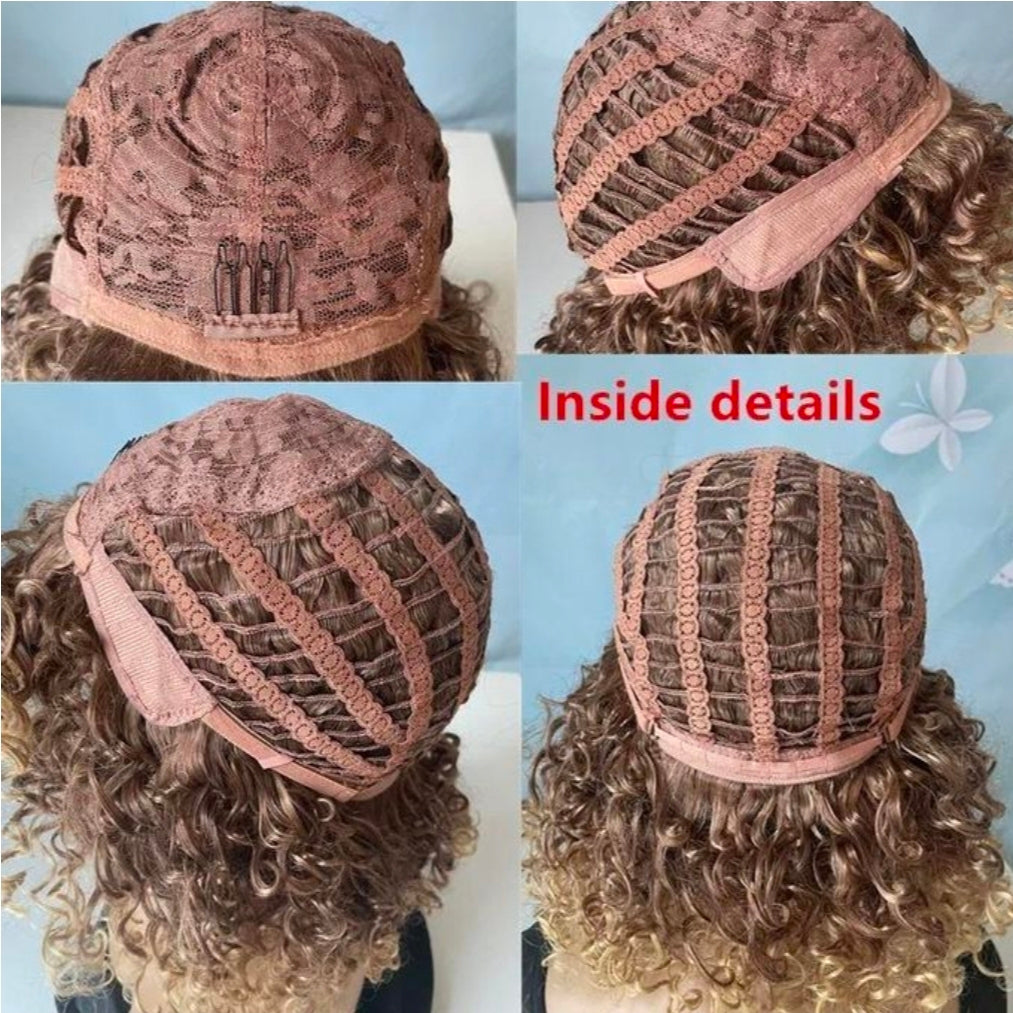 Curly brown blonde ombre wigs synthetic hair wigs with bangs for women