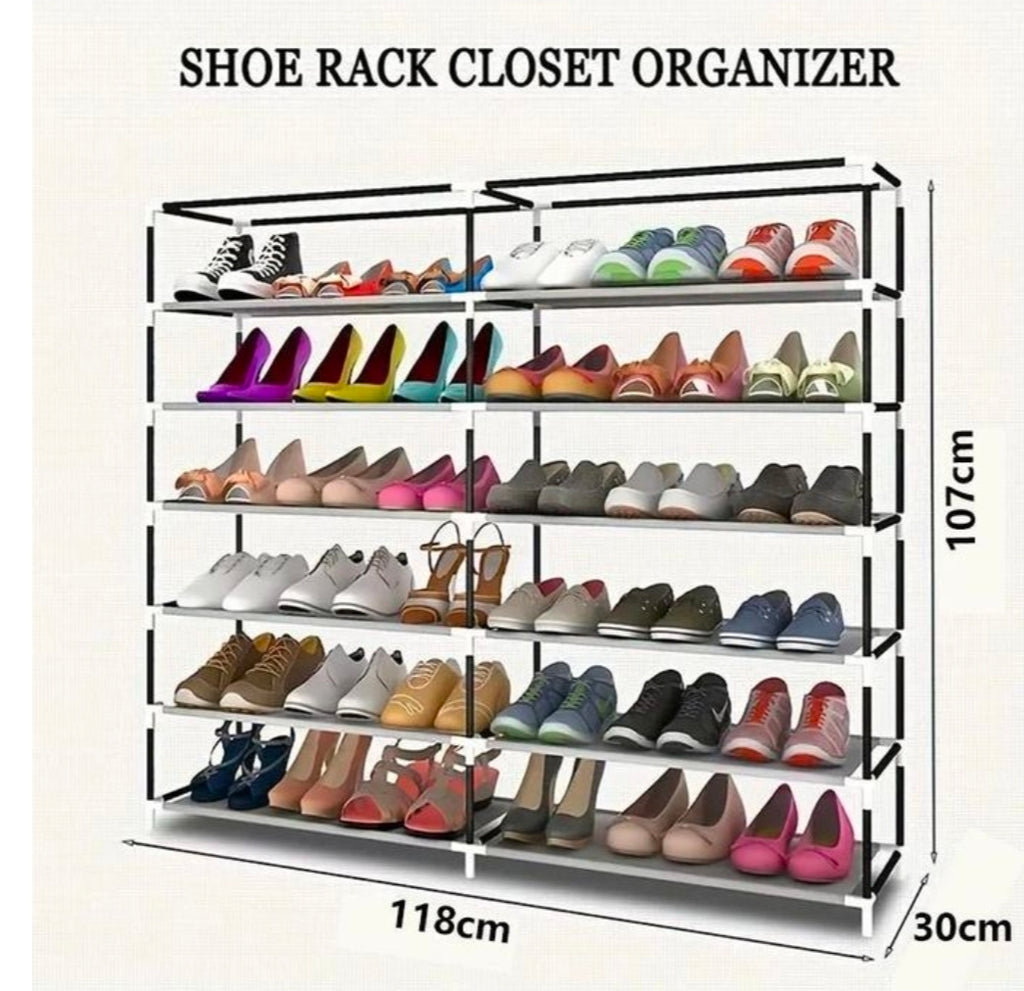 CYFAZA Shoe rack organiser space for 36 pairs 6 tiers double column dust proof & stainless steel grey