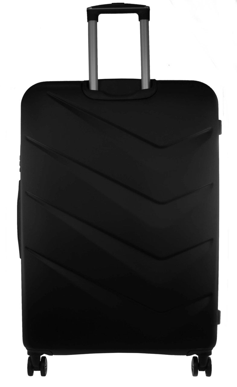 a black IT Luggage Chevron hard-shell suitcase featuring a textured finish and multi-directional wheels.
