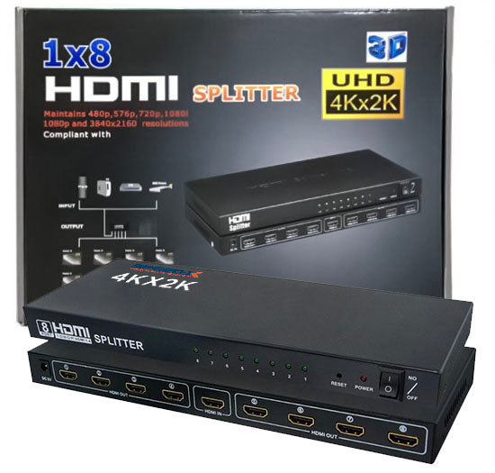 Generic 1x8 HDTV Splitter used to distribute one HDMI signal to eight displays simultaneously.