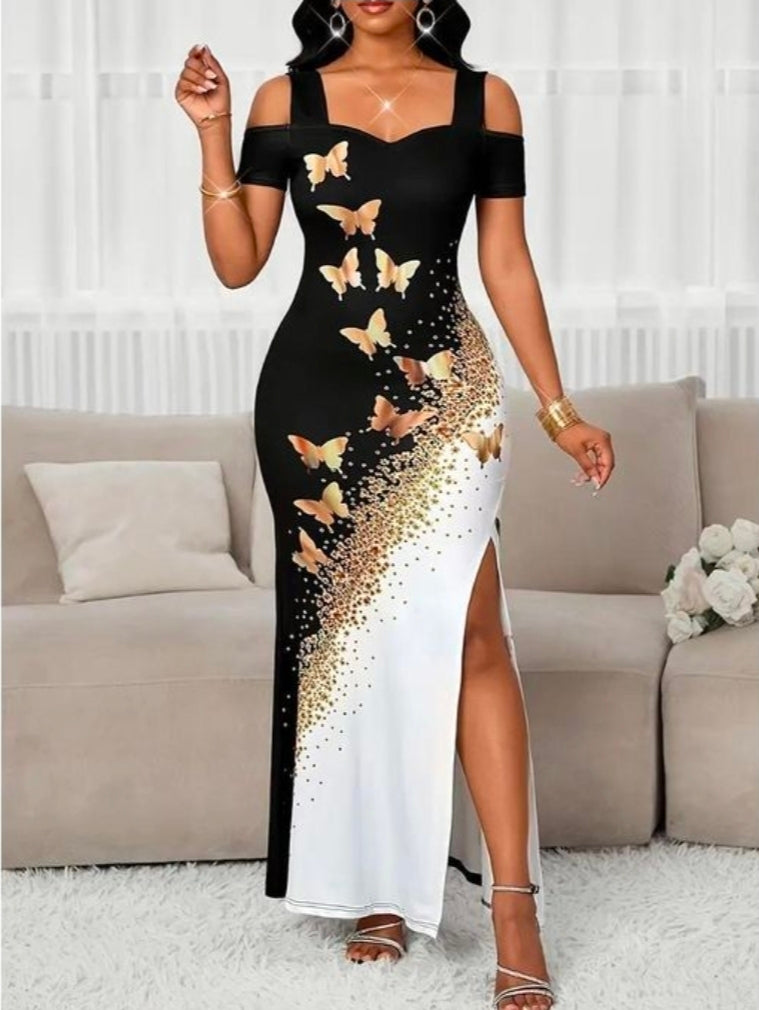 Rubbish women elegant color blocked butterfly print off shoulder slit dress black/ white