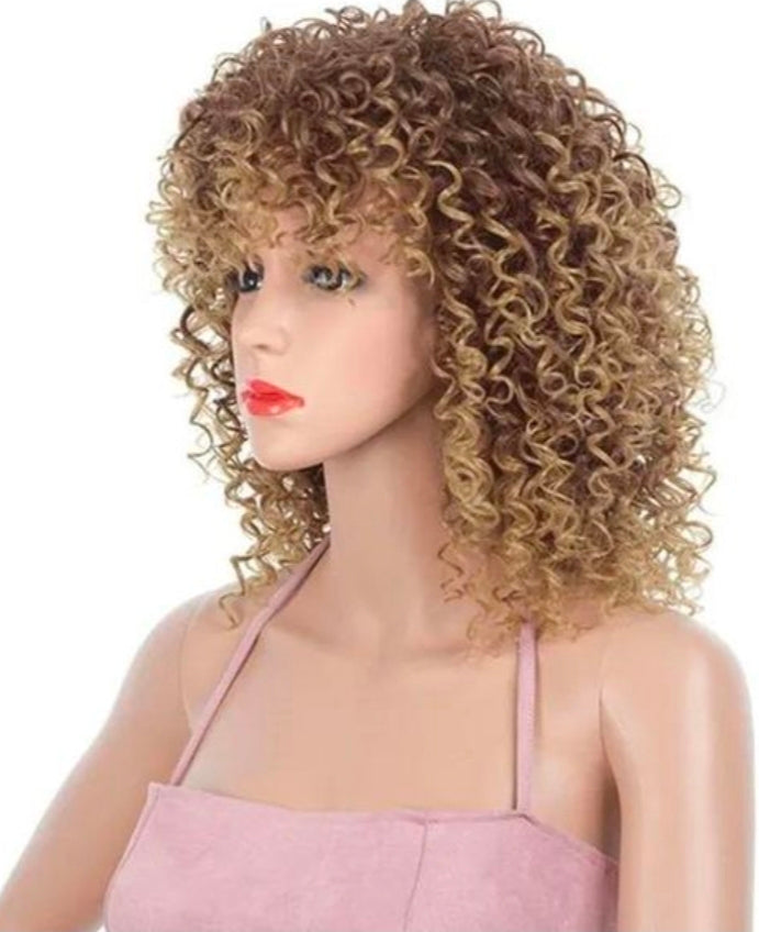 Curly brown blonde ombre wigs synthetic hair wigs with bangs for women