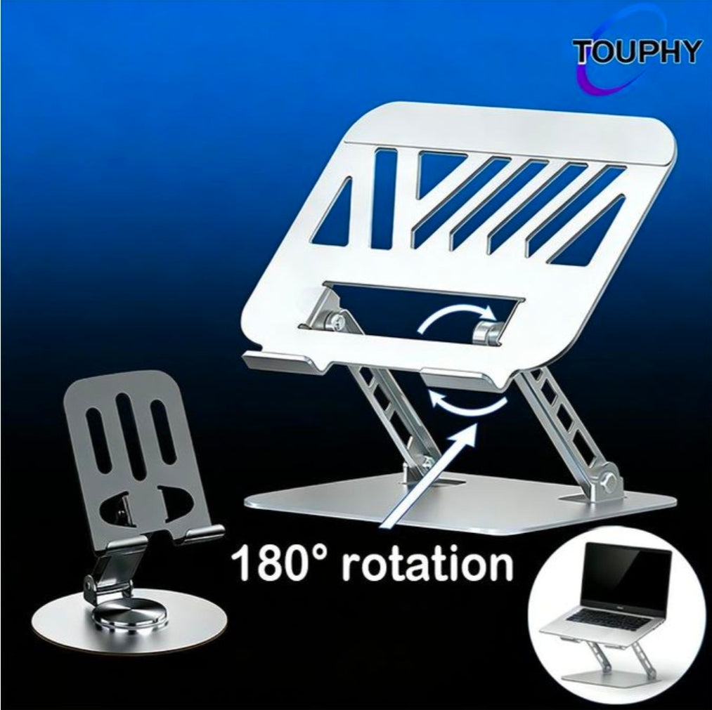 Trophy adjustable laptop stand/mount for desk gift 180 degree rotation with a phone holder silver