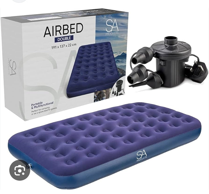 Double Airbed waterproof, flocked top and includes a portable electric pump for quick inflation and deflation