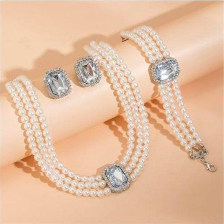 3pics/set multilayer imitation pearl chian necklace bracelet from women