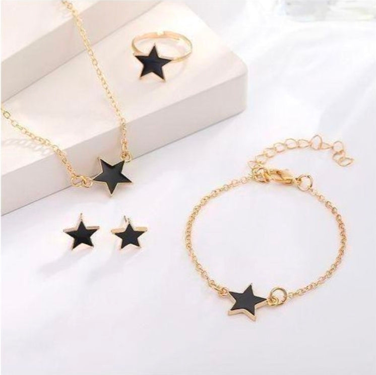 SXCHEN 4 Piece Women's Jewelry Set, which includes a necklace, bracelet, earrings, and a ring in a black and gold star design.