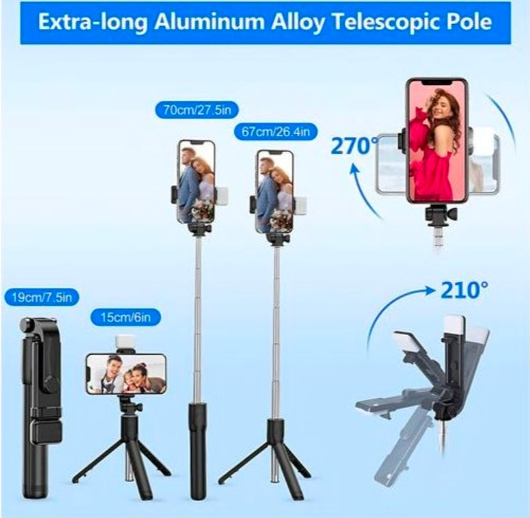 Bleutooth selfie stick tripod with fill light plus shutter remote - black