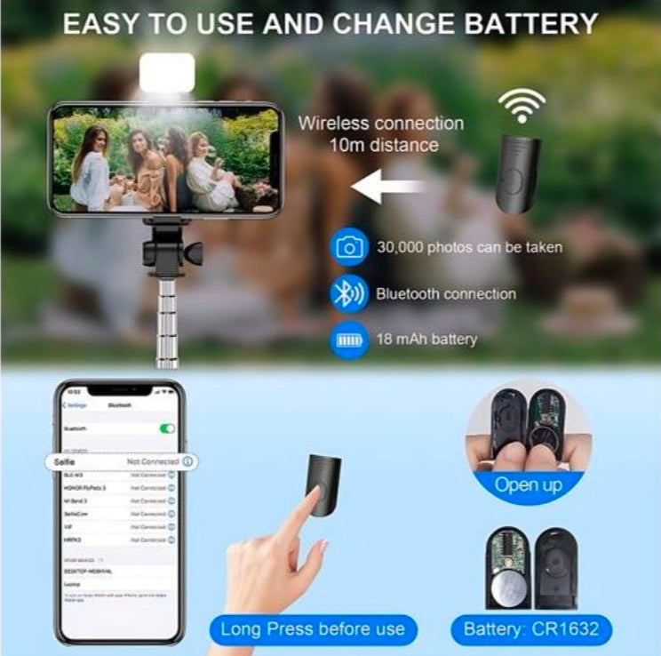 Bleutooth selfie stick tripod with fill light plus shutter remote - black