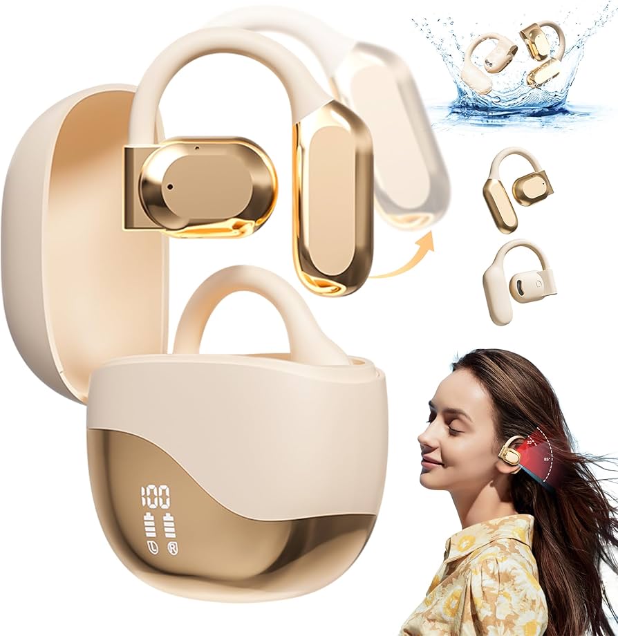 beige wireless in-ear headphones