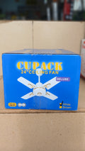 Cupack 24" Deluxe Ceiling Fan is a compact 4-blade fan designed for smaller spaces, featuring a white finish with gold accents and a sweep size of 600 mm.