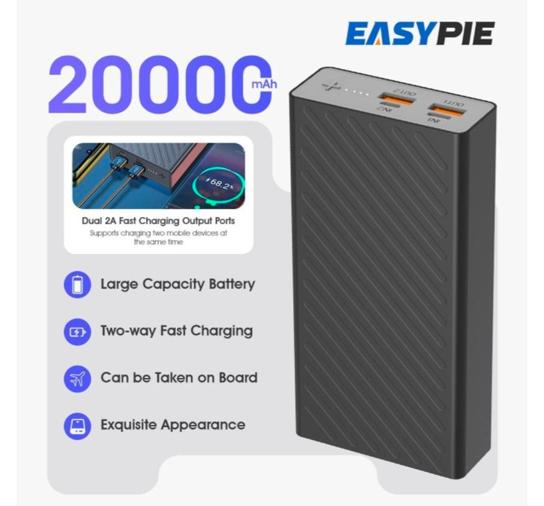 Easypie 2000mAh ultra slim power bank 18w fast charging & dual USB ports portable charger for mobile phone black