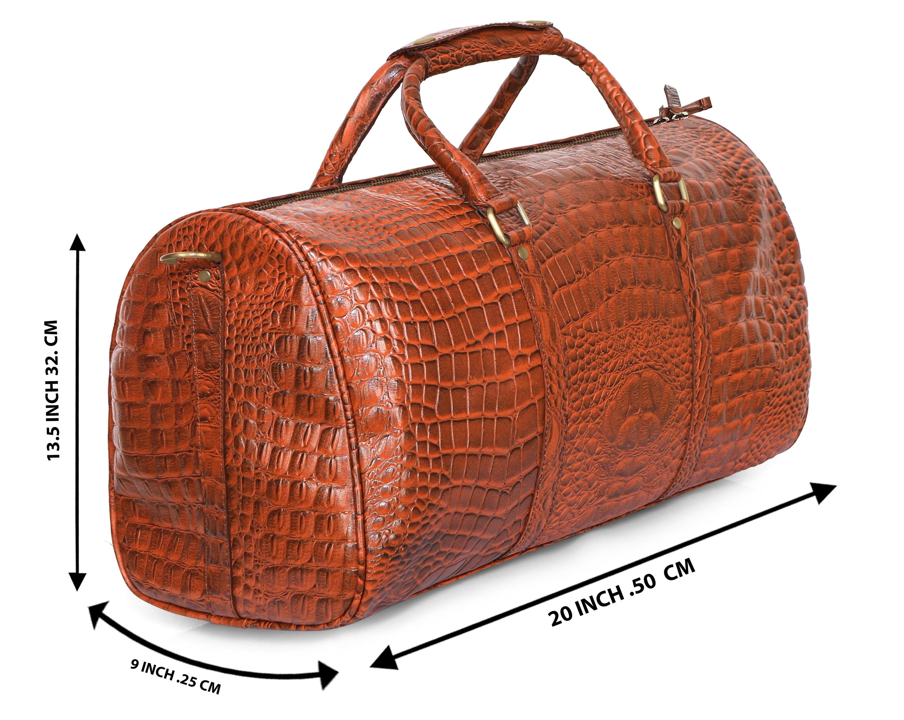 orange crocodile embossed duffle bag.