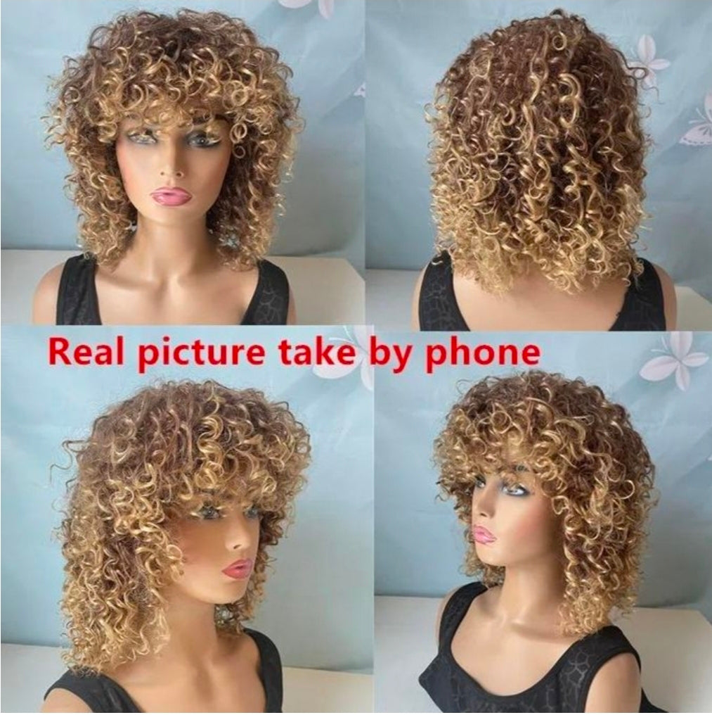 Curly brown blonde ombre wigs synthetic hair wigs with bangs for women