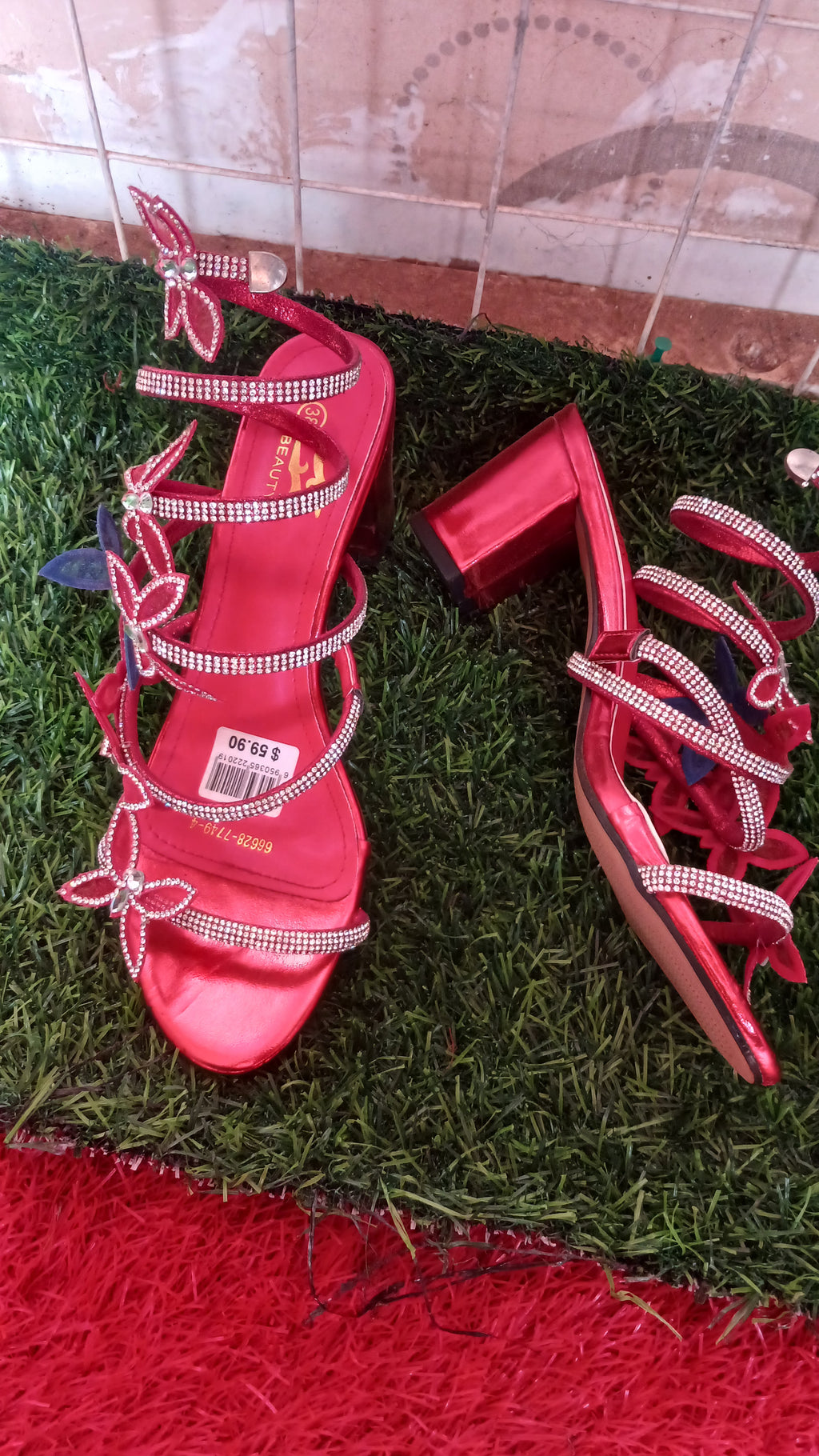 red, rhinestone-embellished butterfly strappy high heel sandals