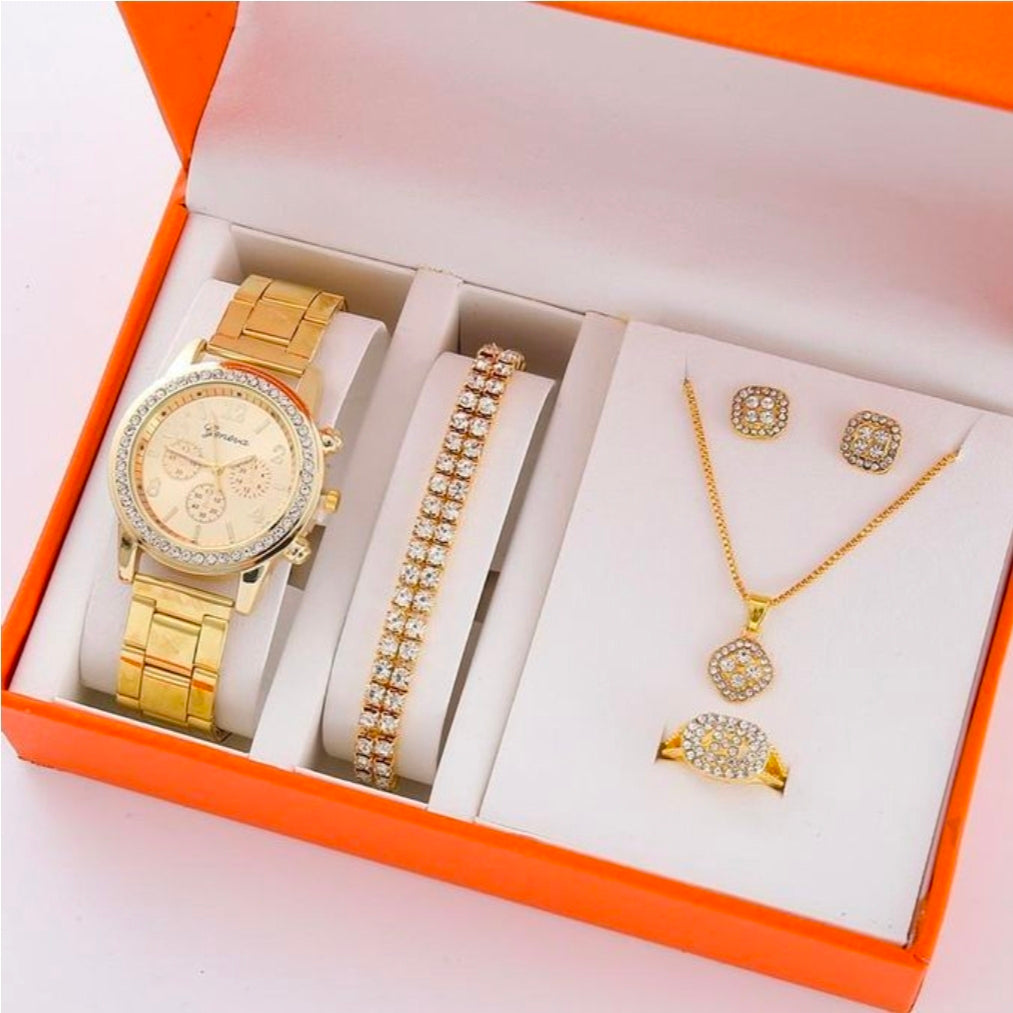 5 piece set of women watches & rings, necklace earrings-gold